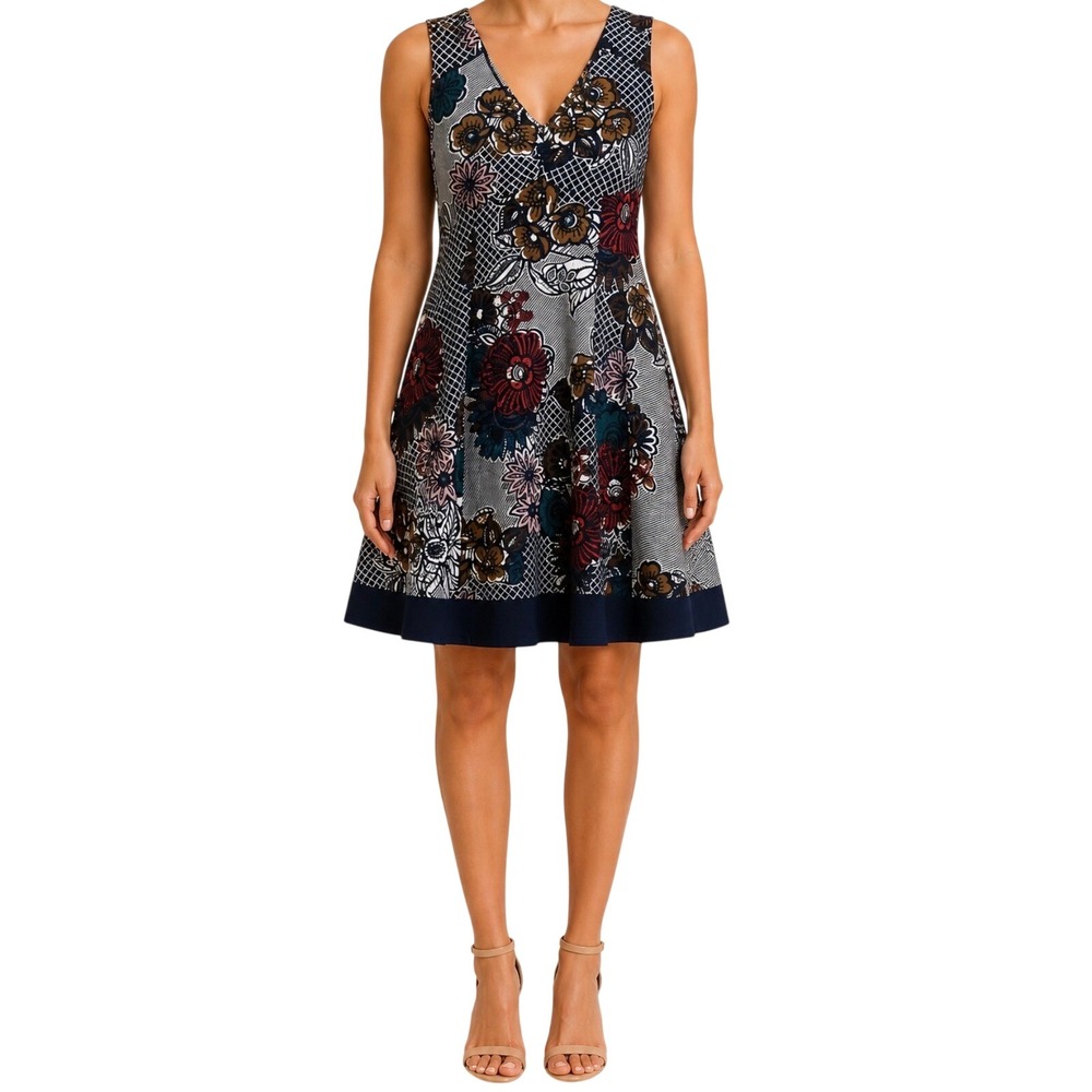 Maeve Anthropologie Floral Grid Sleeveless Knit Dress Small Navy Red Mixed Print